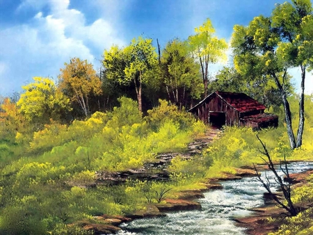 HUT IN WOODS - hut, painting, trees, stream, grass