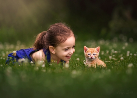 Little girl and kitten - cat, girl, summer, child, copil, pisica, kitten, blue, green, animal