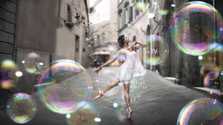 Ballerina - street, fantasy, white, ballerina, tony kokhan, bubbles, girl, creative