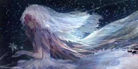 Bride - veil, bride, anime, winter, girl, bai qi-qsr, manga, wind, white, snowflake