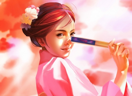 Japanese girl - fan, girl, saisai ye, japanese, asian, fantasy, face, art, pink, luminos, orange