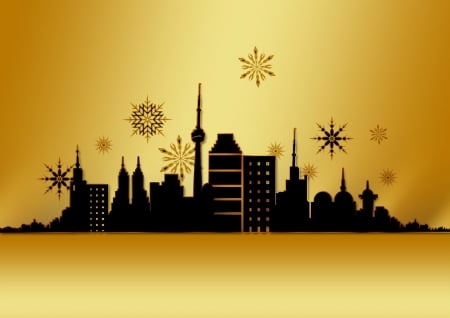 Christmas Greetings - advent, city, silhouette, greetings, yellow, stars, christmas