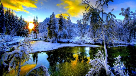 Winter reflections - nature, lake, reflection, mountain, sky