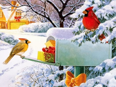 Christmas card - christmas, bird, cardinal, winter, snow