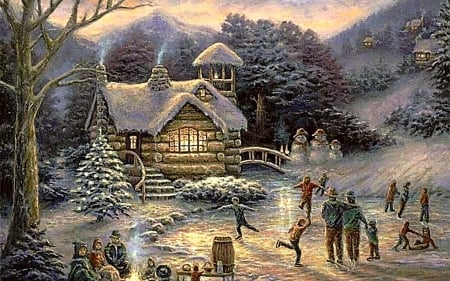 Winter season - painting, cottage, mountain, river, winter, christmas