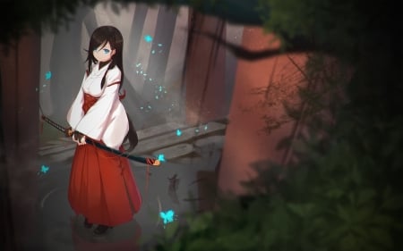 Celestial Miko - orginal, girl, long hair, oriental, japan, katana, miko, art, japanese