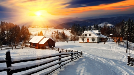 Sunrise Winter Country - winter, snow, sunrise, dawn, Firefox Persona theme, holiday, ranch, country, farm, sky