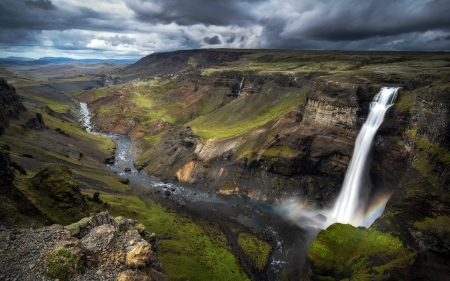 Haifoss Waterfall, Iceland - rainbow, nature, waterfall, iceland