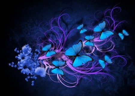 BUTTERFLY BURST - wings, flowers, blue, butterflies