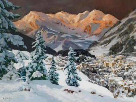 Winter landscape - trees, hills, winter, beautiful, snow, landscape, slope, mountain, village, painting, houses, peaceful, art