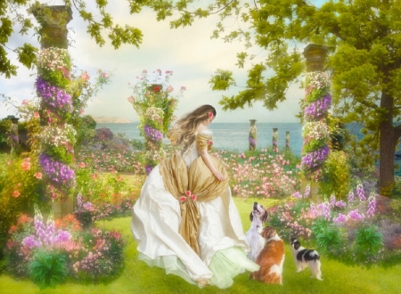 Walk in the Garden - nice, woman, princess, roses, girl, animals, fantasy, art, pretty, beautiful, flowers, digital, garden