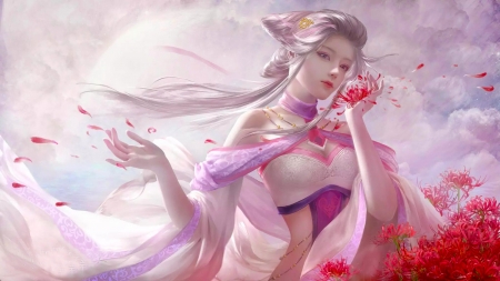 Petals in the Wind - pretty, beautiful, girl, flowers, fantasy, wind, digital, woman, art