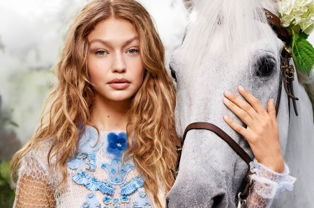 Gigi Hadid - white, animal, blue, woman, model, girl, horse, gigi hadid