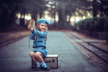 Young traveller - suitcase, girl, blue, traveller, copil, child