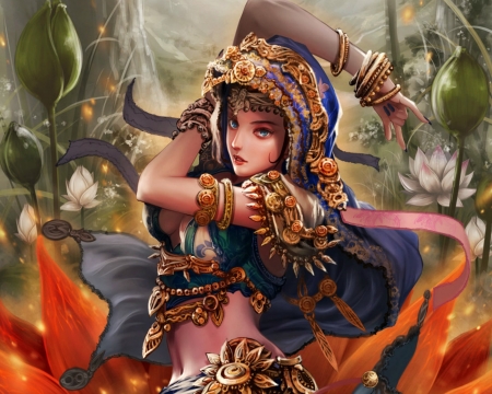 Dancing with flowers - game, fantasy, dancer, antilous, girl, luminos