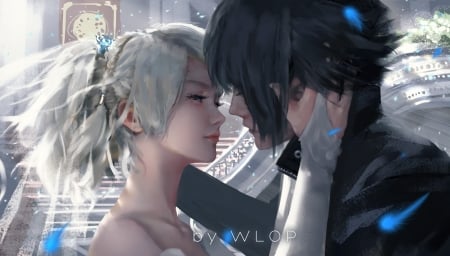 Lunafreya and Noctis - lunafreya nox fleuret, noctis lucis caelum, wlop, kiss, game, art, fantasy, final fantasy, luminos, couple