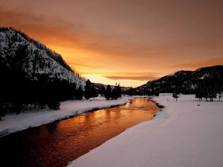 Winter Evening Light, Yellowstone NP - river, sunset, snow, colors, sky