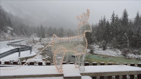 Reindeer on the River - Snow, Nature, Clouds, Reindeer Decoration, Winter, Rivers