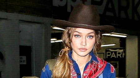 Cowgirl Gigi.. - style, girls, western, women, models, hats, outdoors, cowgirl, fun, city, gigi hadid, female, blondes, fashion