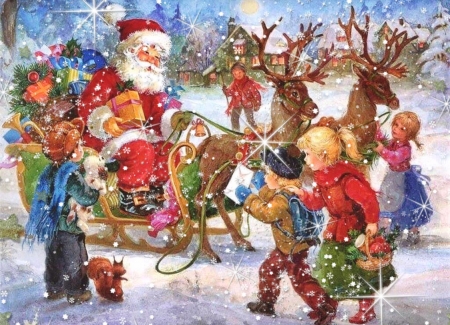 Santa's sleigh - sleigh, fun, snowflakes, gifts, snow, Winter, Santa, children, day