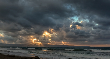 Storm at sunset - clouds, sea, sunset, ocean