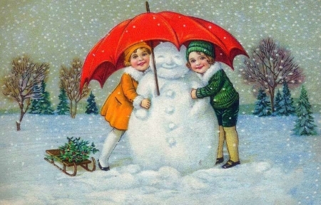 Joyeux Noel - Merry X'mas - sleigh, snowman, winter, attractions in dreams, paintings, snow, holidays, xmas and new year, girls, umbrella, vintage, Christmas, love four seasons, Merry Christmas, Christmas Trees