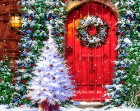 Christmas Red Door - xmas and new year, attractions in dreams, red door, winter, wreath, christmas, christmas tree, holidays, love four seasons, snow, paintings