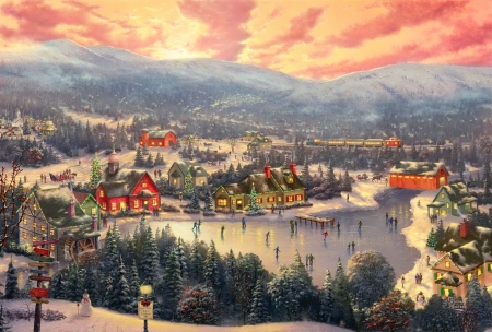 Sunset on Snowflake lake - pretty, fun, town, skate, joy, mountain, view, lake, art, winter, beautiful, village, ice, sunset, snowflake, painting, peaceful