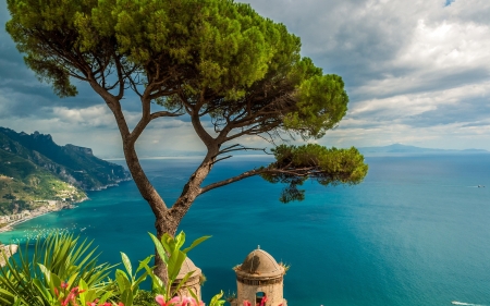 Sea Coast,Italy - nature, horizon, sky, trees, clouds, mountains, sea, coast