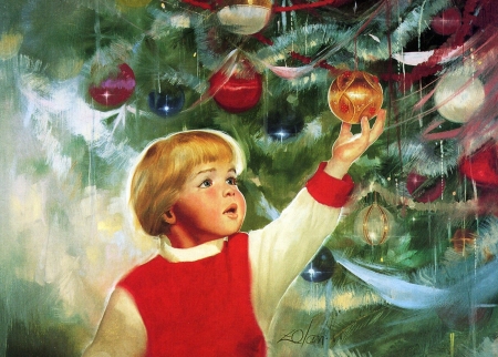 Little Boy and Christmas Tree - art, pretty, boy, christmas