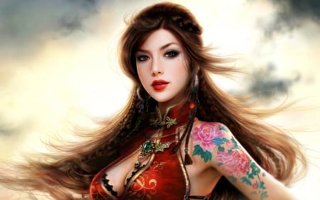 Beautiful pirate - tattoo, girl, beauty, frumusete, fantasy, red, ruoxing zhang, woman, art, asian, luminos