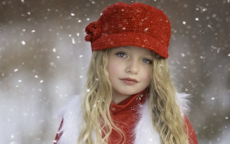 Little beauty - beauty, girl, hat, winter, child, copil, white, red, snow