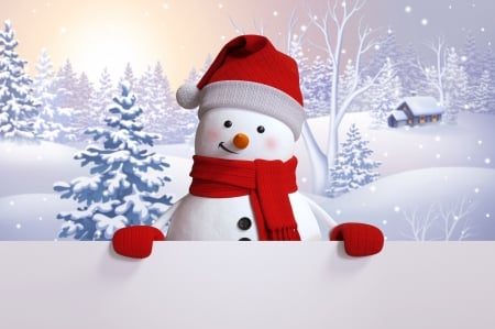 Happy Holidays! - red, winter, craciun, scarf, snowman, christmas, blue, white, card, holiday, hat