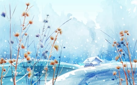 Winter - white, winter, house, blue, snow