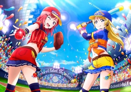 Maki and Eli - Cute, Female, Beautiful, Anime girls, Kawaii, Anime, Love Live, Eli Ayase, Maki Nishikino, School idol project, Baseball