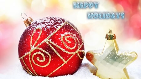 Christmas in the Snow - red ball, New Years, snow, holidays, stars, Christmas