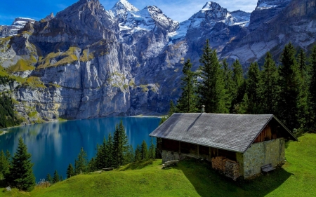 Lake Oeschinen,Switzerland - lake, landscape, cottage, house, trees, nature, mountain