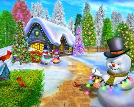 Tis the Season - attractions in dreams, xmas and new year, houses, winter, christmas trees, snowmen, cottages, christmas, cardinals, love four seasons, holidays, home, snow