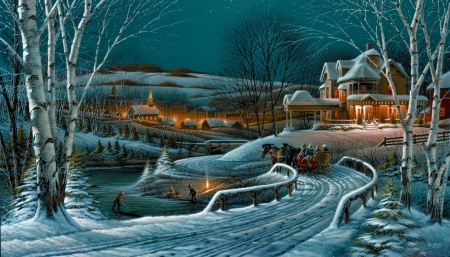 Family traditions - ice, countryside, winter, road, christmas, painting, village, art, evening, frost, traditions, snow, beautiful, family, lights