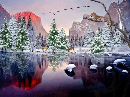 Snowy Mountain - birds, nature, deer, snow, lake, tiger, reflection, mountain