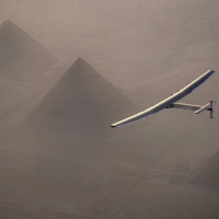 Solar Impulse 2 flies over the pyramids