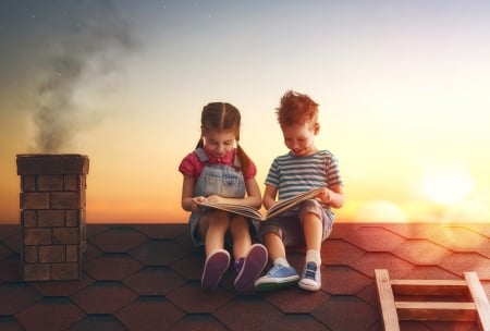 On the roof - children, child, book, evening, roof, girl, couple, boy