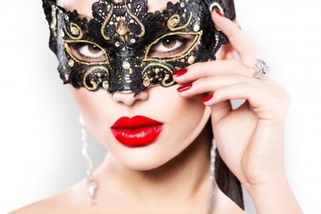 Beauty - beauty, anna subbotina, mask, lips, jewel, black, face, red, hand