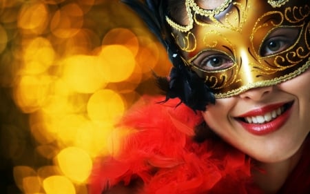 Beauty - face, red, mask, bokeh, smile, yellow, girl, woman