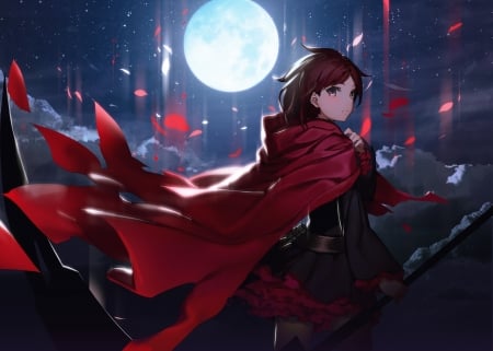 Ruby Rose - moon, girl, ruby rose, rwby, wind, ogino atsuki, red, petals, anime, luna, manga