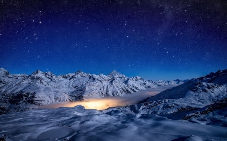 Swiss Alps - morning, stars, landscape, snow, mist