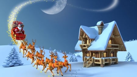 SANTA AND SLEIGH - sky, reindeer, snow scene, sleigh