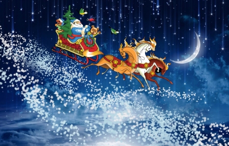 Santa with sleigh - sleigh, deer, snow, Winter, Santa, night