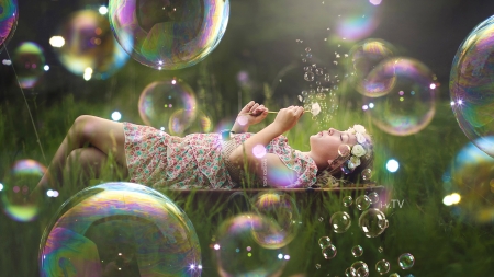 Bubbles - summer, green, tony kokhan, bubbles, girl