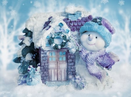 Happy Holidays! - snowman, winter, purple, blue, deco, card